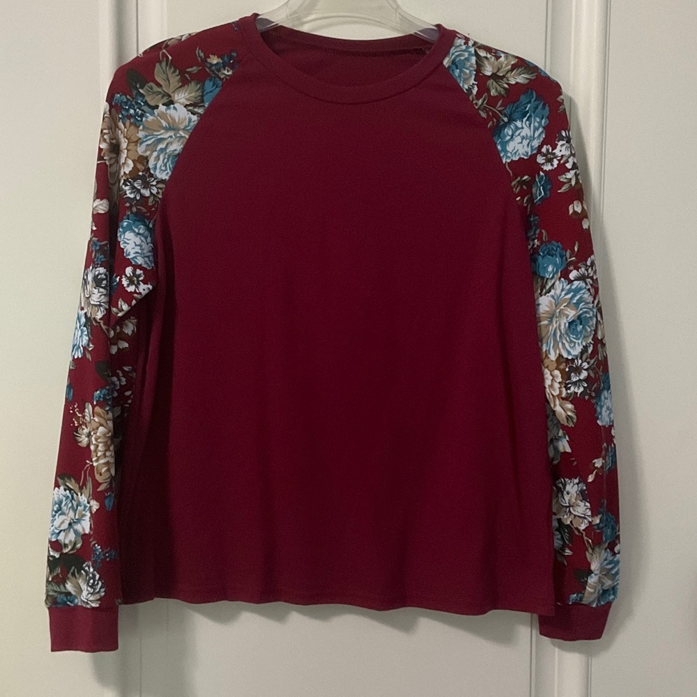 SHEIN Burgundy Long-Sleeve Top with Blue Floral Raglan Sleeves L